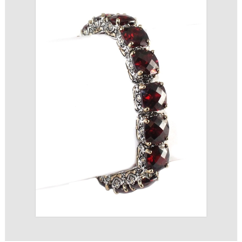 Bracelet CZ Red Garnet Silver Gold Tennis Statement Link Filigree Balinese 7.5"